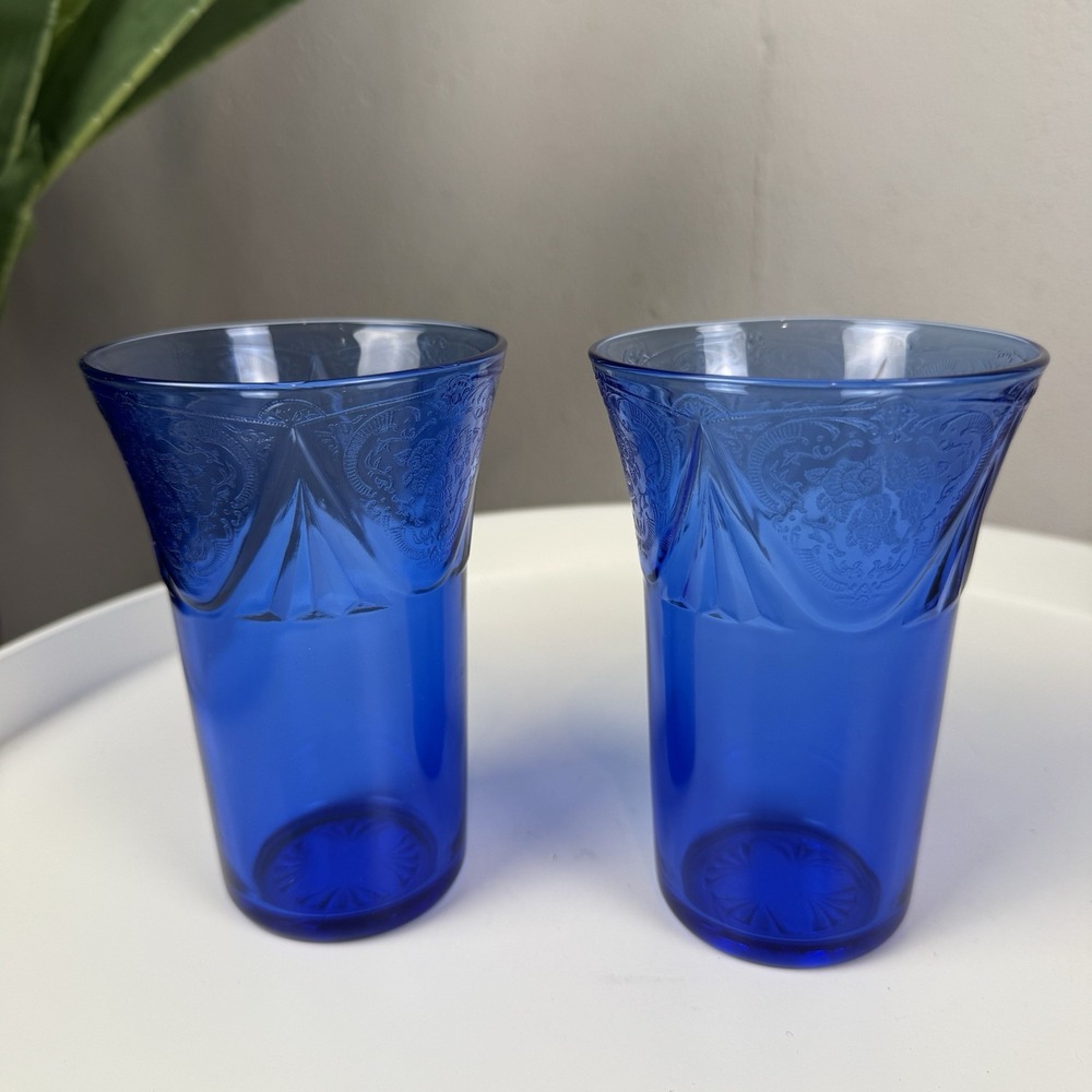 HTF Set 2 Vintage Hazel Atlas Royal Lace Cobalt Blue 10 oz Tumblers 4 3/4" MINT